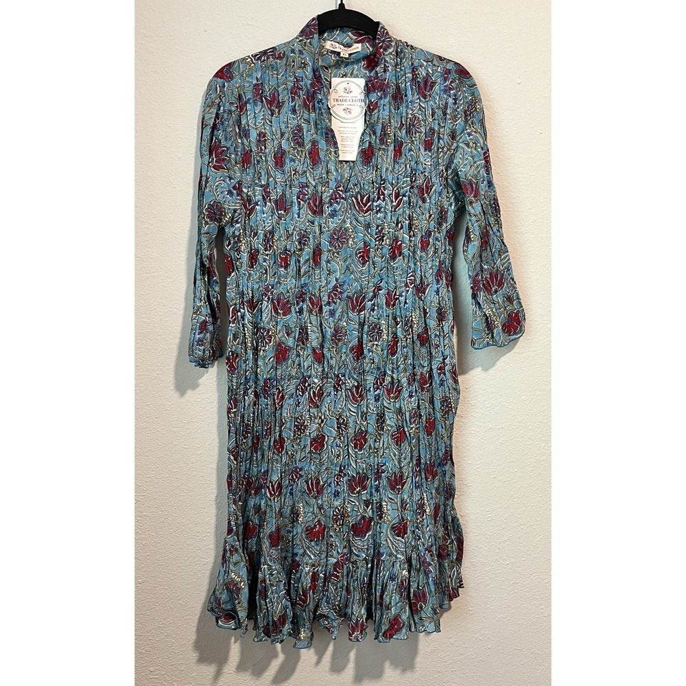 NWT Trade Cloth Dress Size XS Sahara Tunic Blue Floral Pleated 100% Cotton Boho